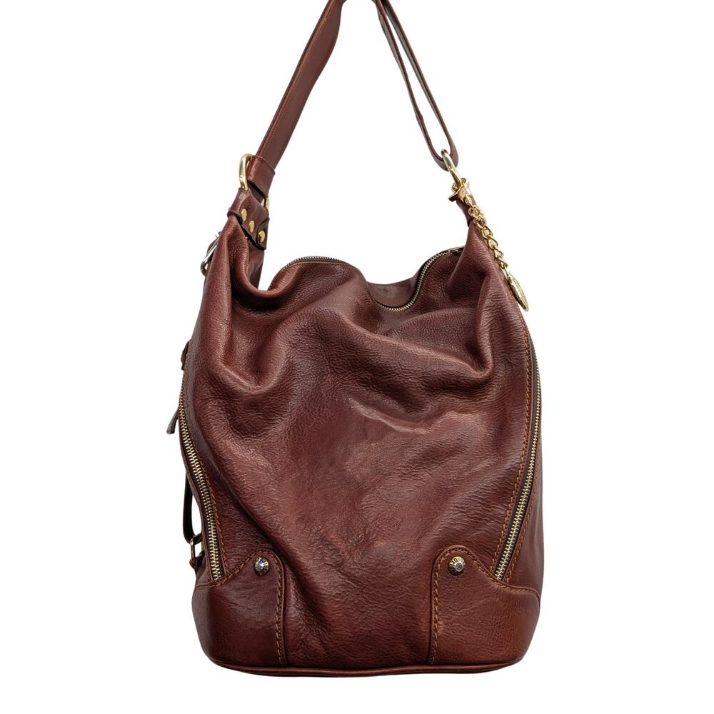 Marino Orlandi Cognac Brown Leather Convertible Backpack Shoulder Bag Italy